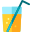 A retro 8-bit pixel art graphic of a tall glass filled with orange juice and a dark bent straw, designed in a classic video game style.