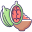 A retro 8-bit pixel art graphic of a whole green fruit and a cut-open half showing pink flesh with seeds, resembling a guava or watermelon.
