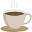 A retro 8-bit pixel art graphic of a light beige coffee cup on a saucer with three thin gray lines above it representing steam.